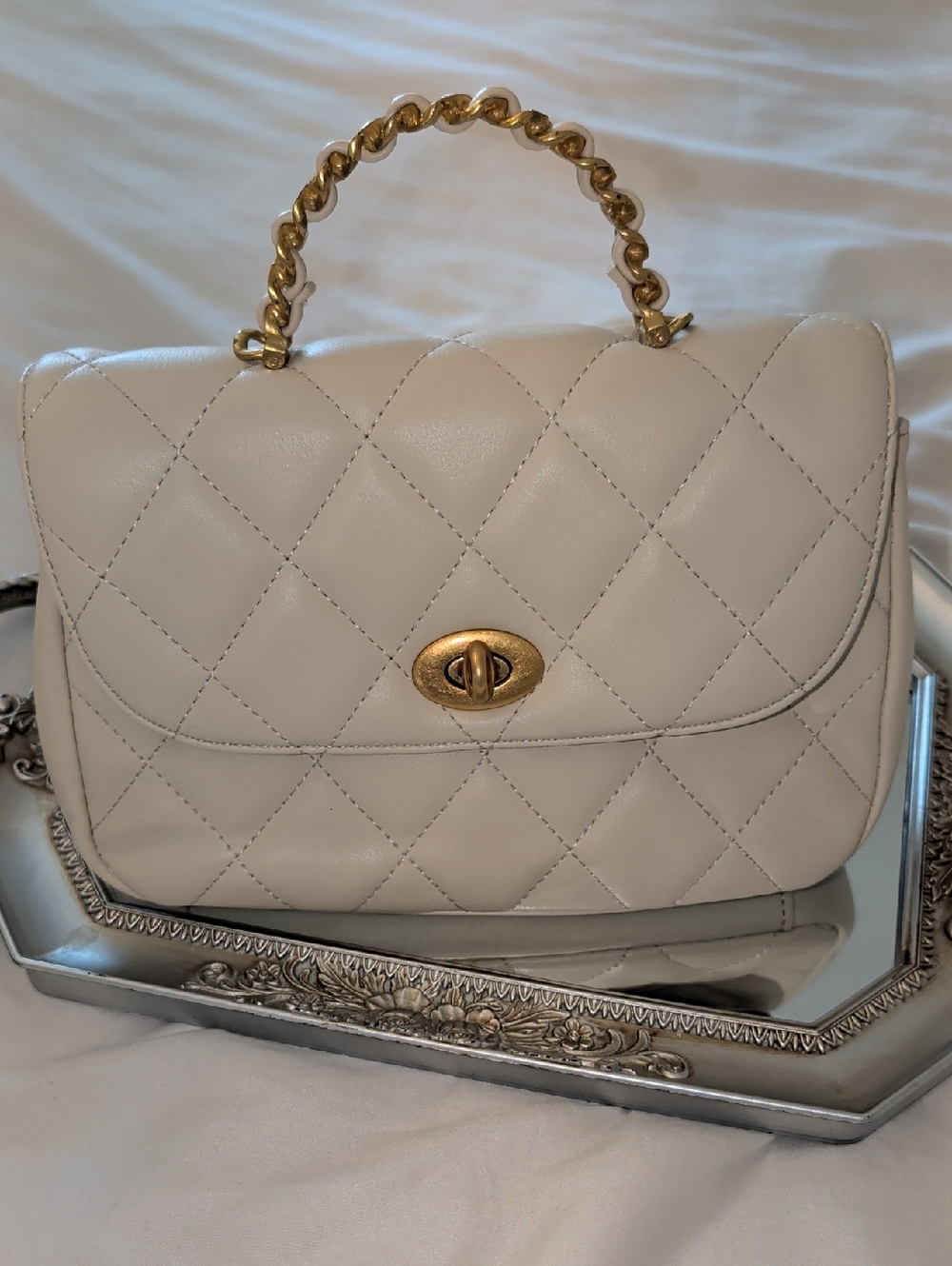 Celeste Cream Quilted Satchel with Gold Chain Handle